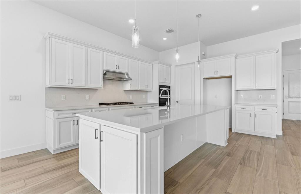 A modern kitchen features white cabinetry, a large quartz island, and light wood-look tile flooring — 16412 RUSTIC SKY DRIVE, SPRING HILL, FL
