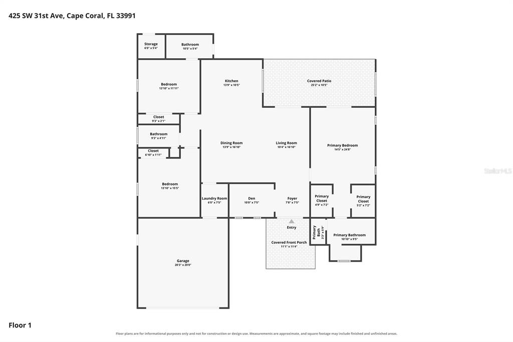 This is a floor plan of a single-story house with three bedrooms and a garage — 425 SW 31ST AVENUE, CAPE CORAL, FL