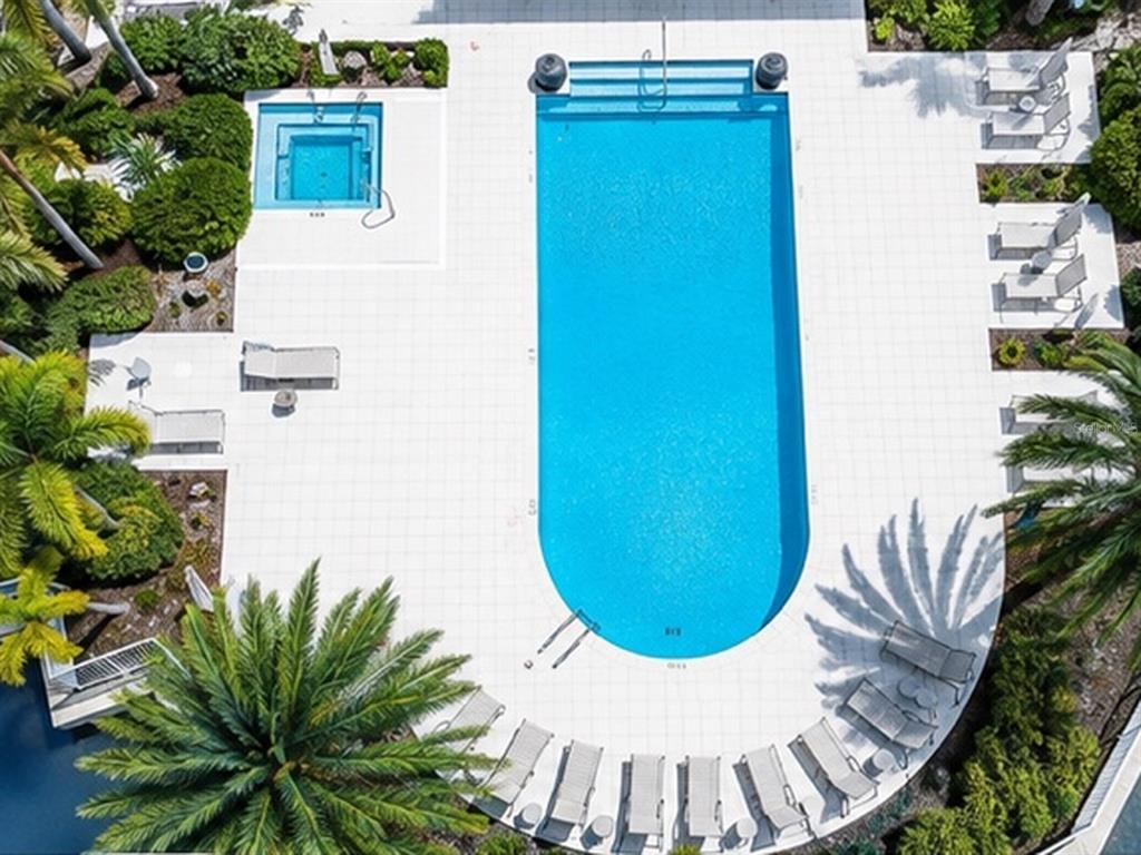 An aerial view shows a rectangular swimming pool with a rounded end and a separate spa — 10530 BOARDWALK LOOP UNIT 304, BRADENTON, FL