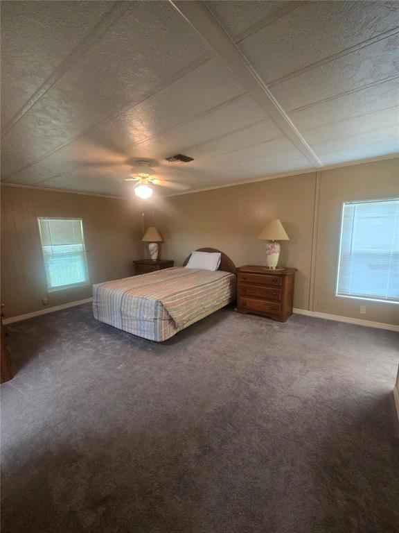 A bedroom with gray carpet, beige walls, a bed, two nightstands, and a ceiling fan — 4645 BURNEY DRIVE, HOLIDAY, FL