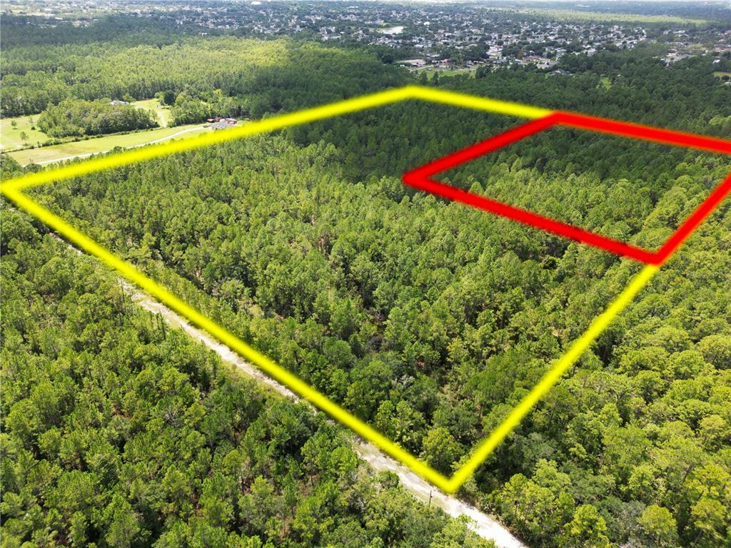 An aerial view shows a large, wooded plot of land outlined in yellow and red — HYDER AVENUE, DELTONA, FL