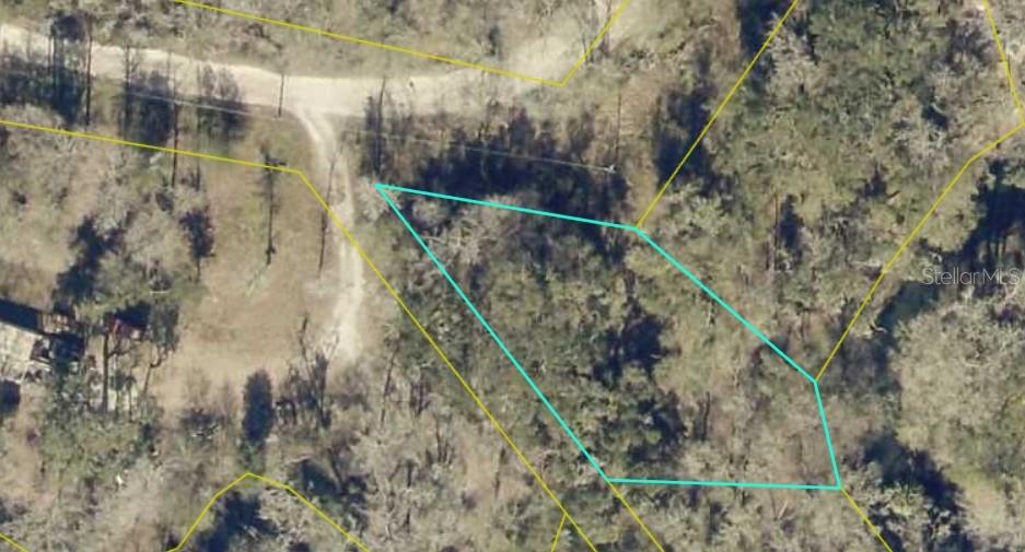 An aerial view shows a wooded lot outlined in teal with a dirt road nearby — TBD1 SW 129TH BOULEVARD, WEBSTER, FL