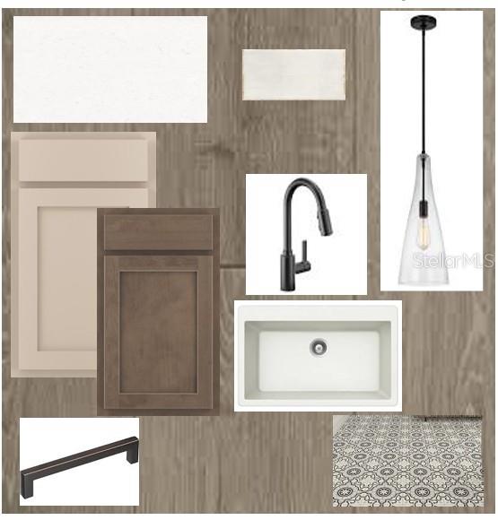 This is a design board showing kitchen finishes including cabinets, countertops, hardware, lighting, and tile — 5163 SEA BRANCH AVENUE, APOLLO BEACH, FL
