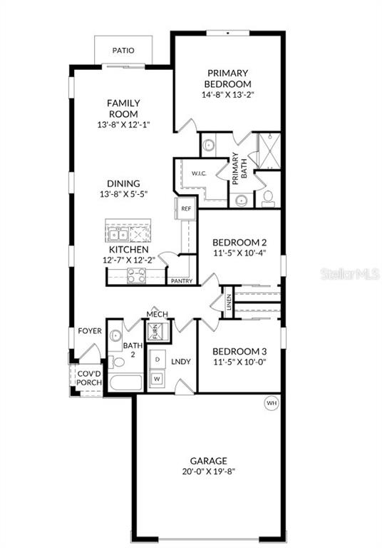 This is a floor plan of a single-story home featuring three bedrooms, a garage, and patio — 4149 LAVENDER COURT, HAINES CITY, FL