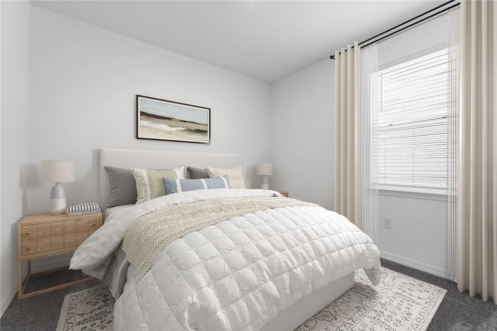 A bedroom features a queen bed, two nightstands with lamps, and a window with curtains — 4149 LAVENDER COURT, HAINES CITY, FL