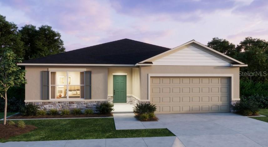 This is a digital rendering of a single-story house with a garage and stone facade — 31400 MALBEC DRIVE, BROOKSVILLE, FL