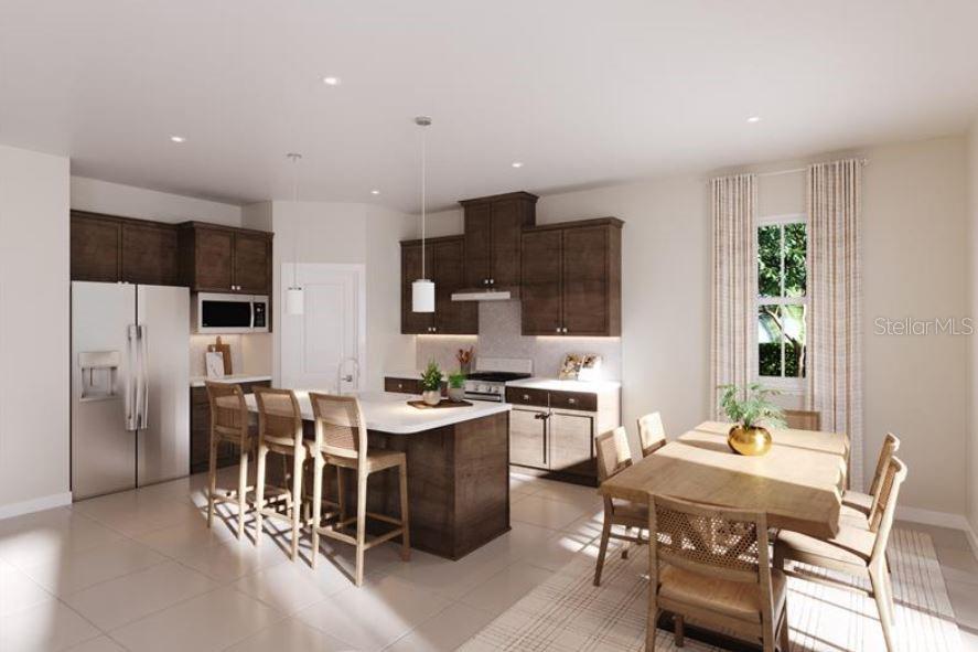 This rendering shows a kitchen and dining area with dark wood cabinets and a central island — 847 WENDY ROSE WAY, LEESBURG, FL
