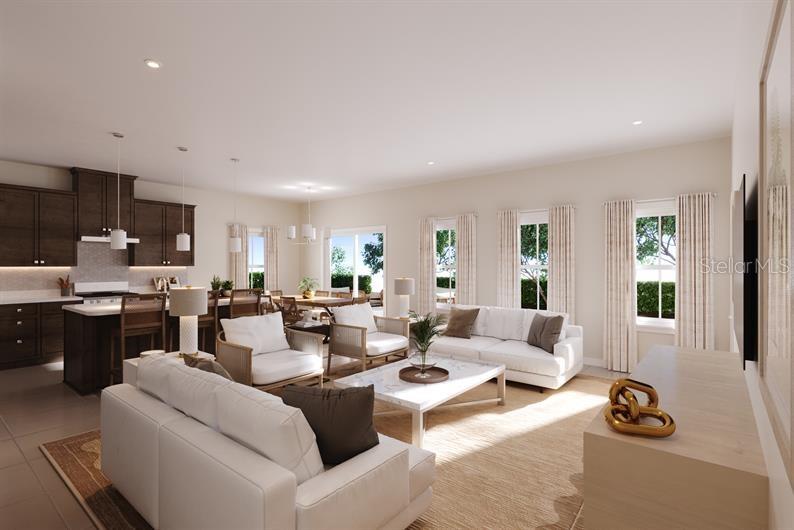 This rendering shows an open-concept living room and kitchen with dark cabinets and white furniture — 847 WENDY ROSE WAY, LEESBURG, FL