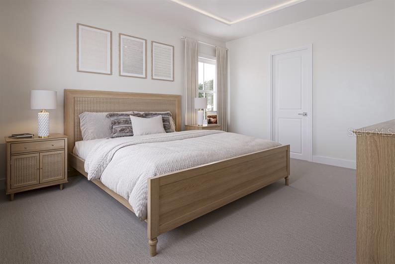 This is a rendering of a bedroom featuring a light wood bed frame and nightstands — 847 WENDY ROSE WAY, LEESBURG, FL