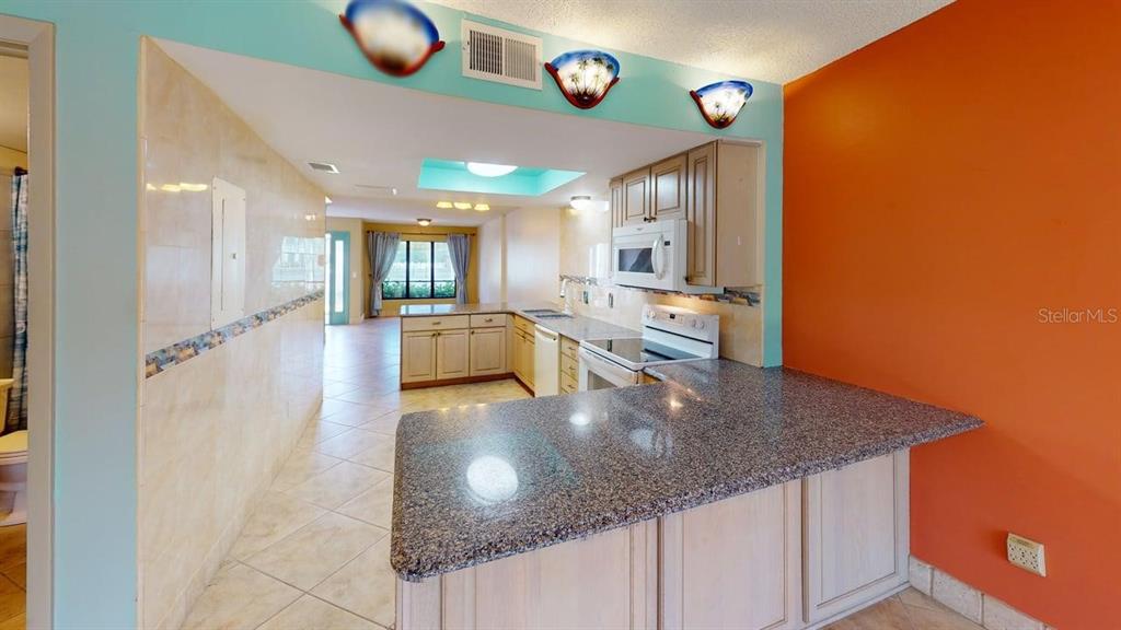 A kitchen with granite countertops, light wood cabinets, and an orange accent wall — 1849 ABRICO DRIVE UNIT K9, LUTZ, FL