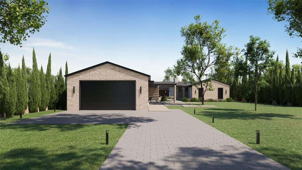 This architectural rendering shows a modern single-story house with a stone facade and attached garage — 15000 PENDIO DRIVE, BELLA COLLINA, FL