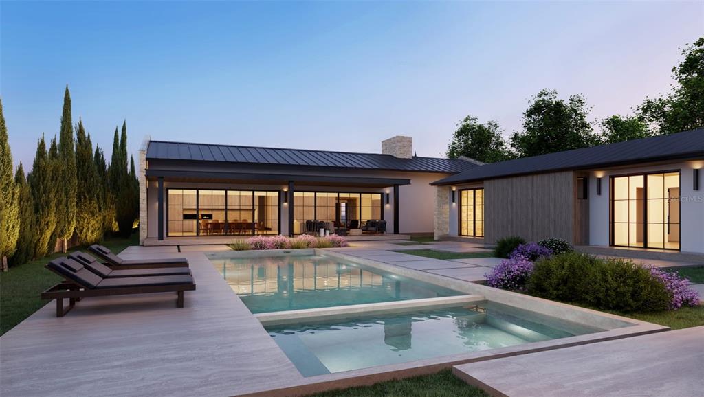 This is a rendering of a modern house exterior featuring a pool, patio, and landscaping — 15000 PENDIO DRIVE, BELLA COLLINA, FL