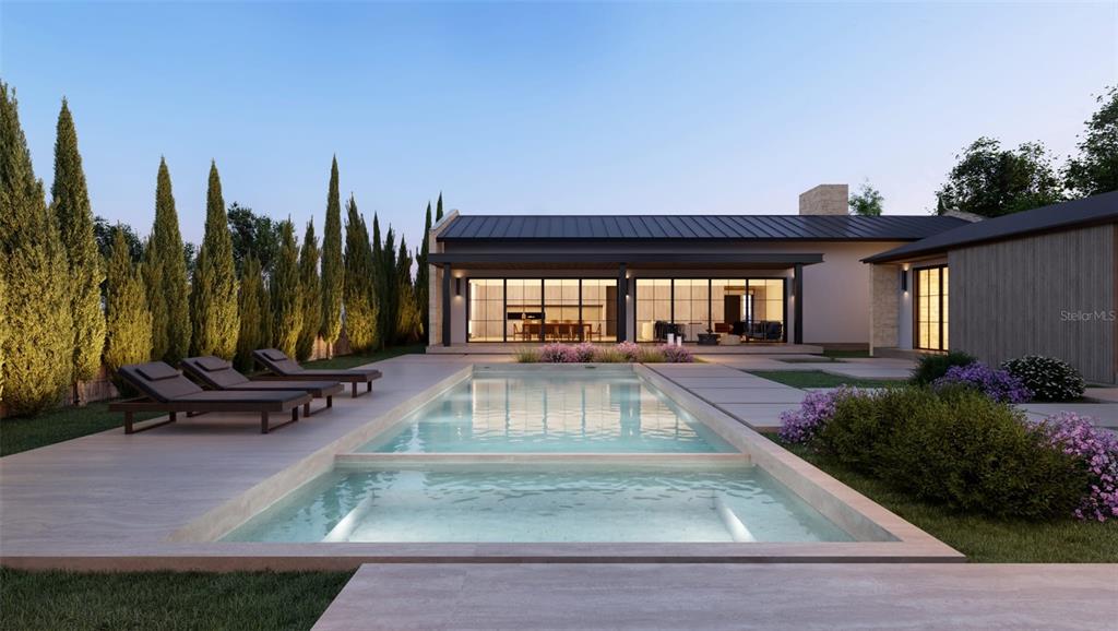 This is a rendering of a modern house exterior featuring a swimming pool and lounge chairs — 15000 PENDIO DRIVE, BELLA COLLINA, FL