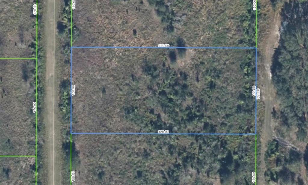 An aerial view shows a rectangular plot of land outlined in blue with dimension labels — 731 S WARFIELD ROAD, AVON PARK, FL