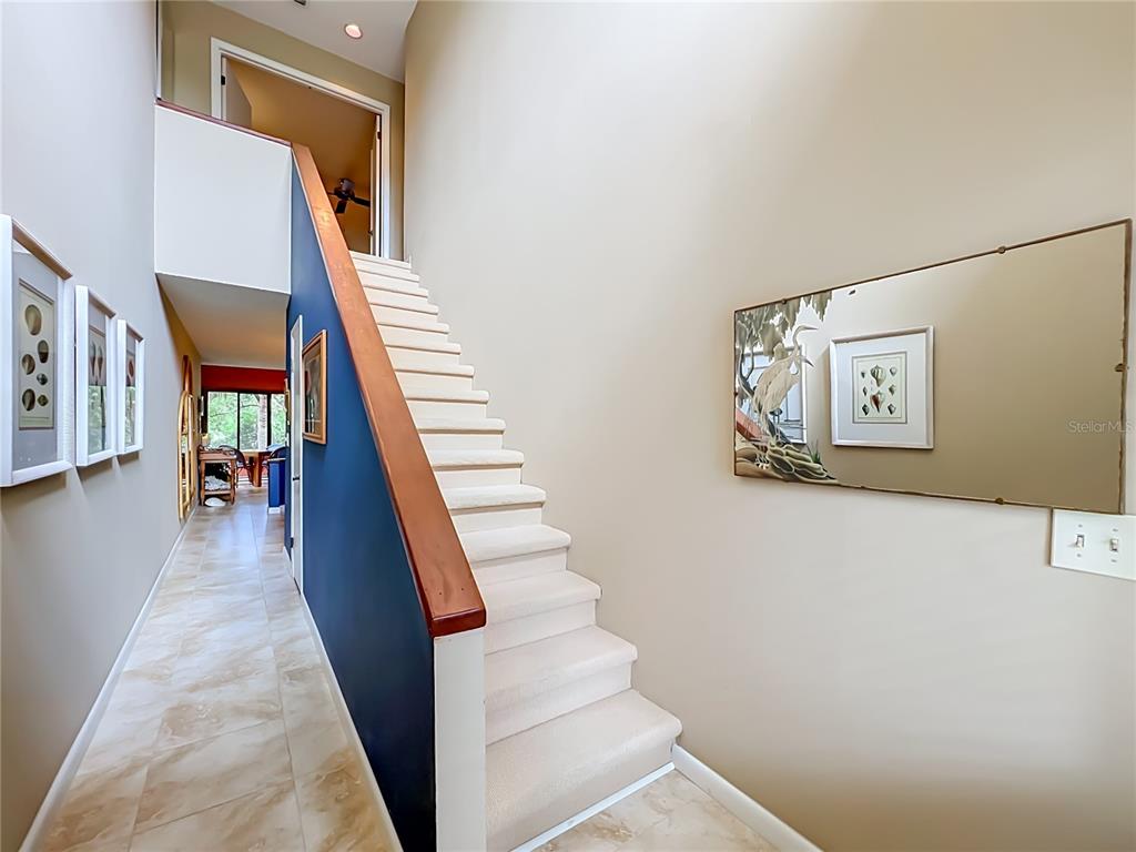 A staircase with white carpet and a blue wall leads to an upper floor landing — 2184 WOODBRIDGE ROAD UNIT 2184, LONGWOOD, FL