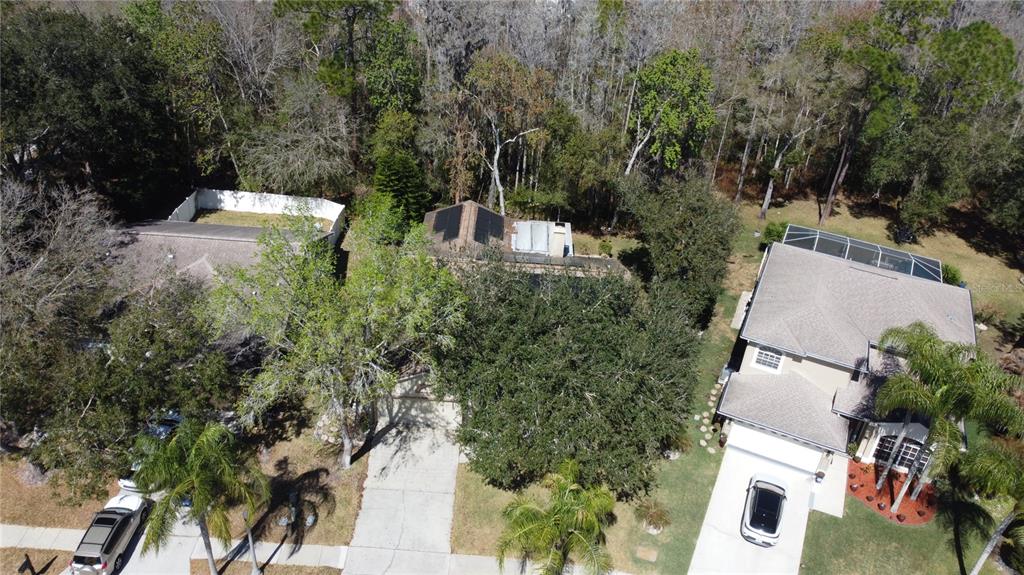 An aerial view shows three suburban houses surrounded by dense trees and paved driveways — 1795 BAYHILL DRIVE, OLDSMAR, FL