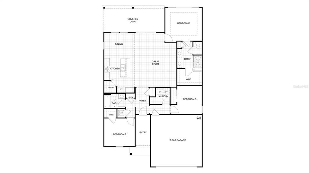 This is a floor plan for a single-story house with three bedrooms and a garage — 59 HARDWOOD TRAIL, PALM COAST, FL