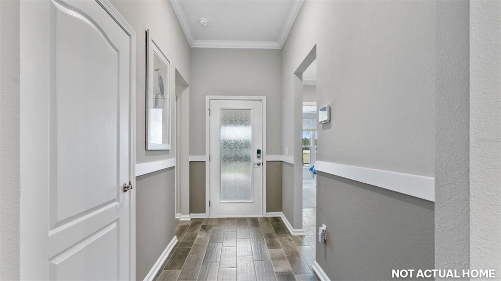 This is a rendering of a foyer with gray walls, white wainscoting, and wood-look flooring — 59 HARDWOOD TRAIL, PALM COAST, FL
