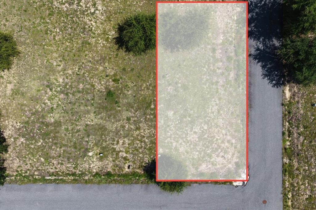 An aerial view shows a vacant, rectangular lot outlined in red next to a paved road — 0 SW 869TH LOOP, STEINHATCHEE, FL