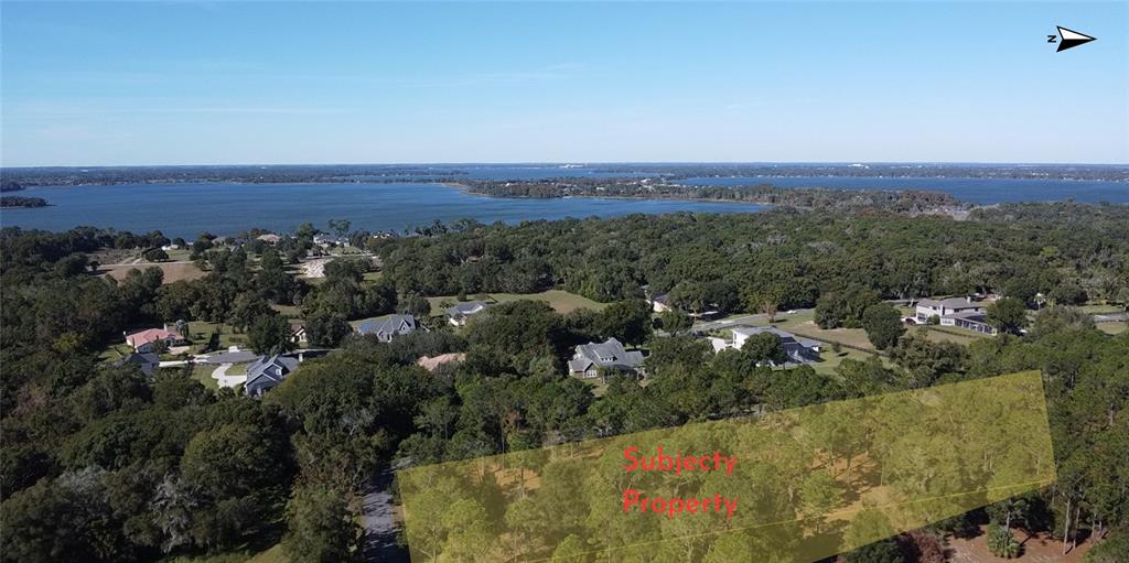 An aerial view shows a wooded lot highlighted as the subject property near a large lake — 6203 ALLEN STREET, MOUNT DORA, FL