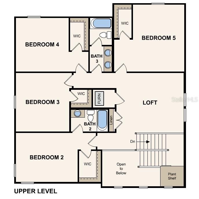 This floor plan shows the upper level of a house with four bedrooms and two bathrooms — 39 PEGASUS ROAD, FLAGLER BEACH, FL