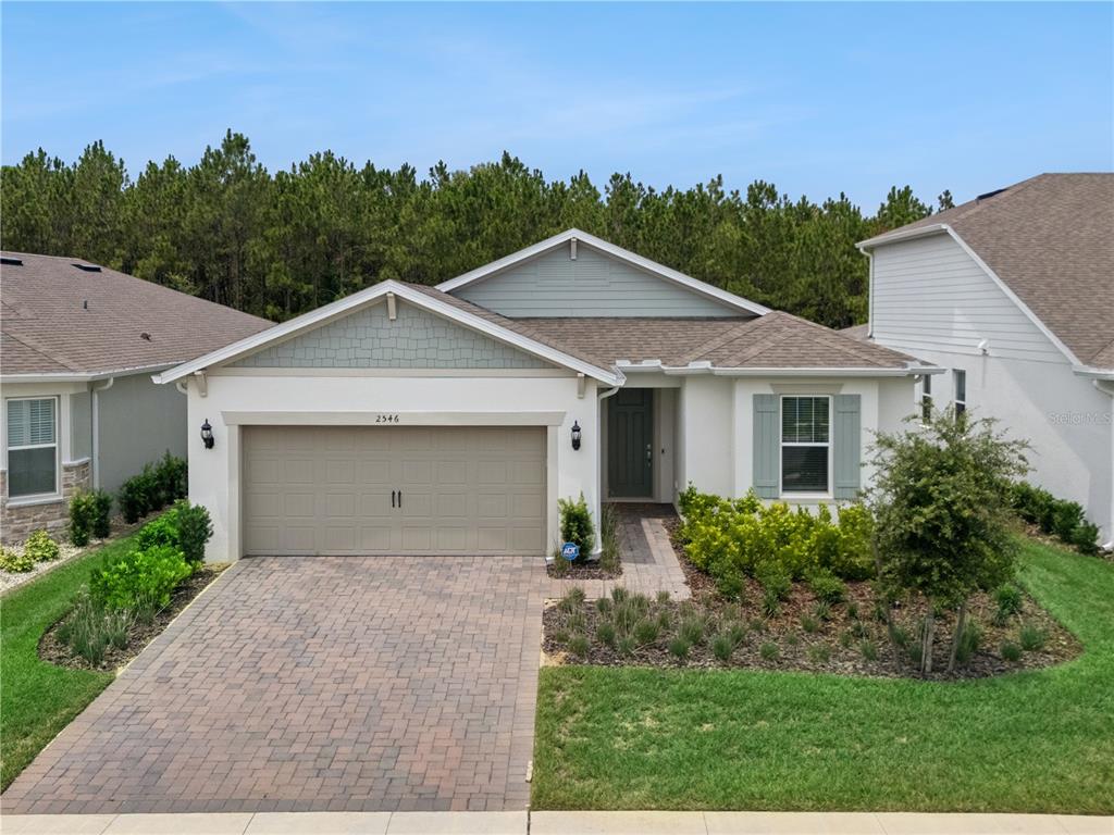 A single-story house with a paved driveway, a two-car garage, and a landscaped front yard — 2546 DEL WEBB DR, MINNEOLA, FL