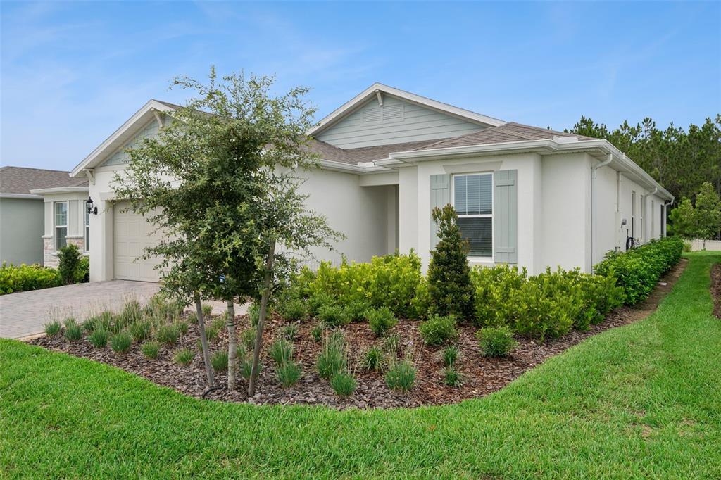 A single-story house with a light-colored stucco exterior, a garage, and landscaped front yard — 2546 DEL WEBB DR, MINNEOLA, FL