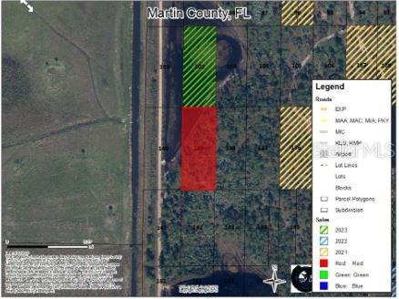 This is a map showing parcel lots in Martin County, Florida, with color-coded sales data — N/A, INDIANTOWN, FL