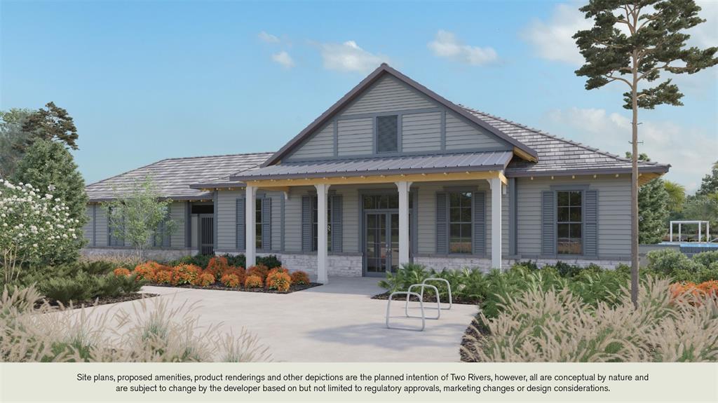 A digital rendering of a single-story clubhouse exterior with gray siding and a front porch — 36551 THORNHEDGE DRIVE, ZEPHYRHILLS, FL