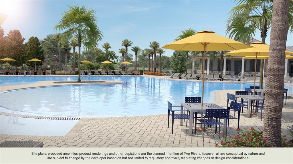 This rendering shows a resort-style swimming pool with lounge chairs, tables, and yellow umbrellas — 36551 THORNHEDGE DRIVE, ZEPHYRHILLS, FL