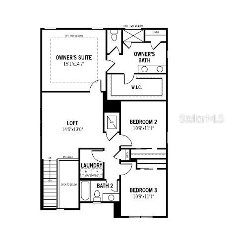This is a floor plan of a residential second story featuring three bedrooms, a loft, and laundry — 13153 OXEYE LANE, PARRISH, FL