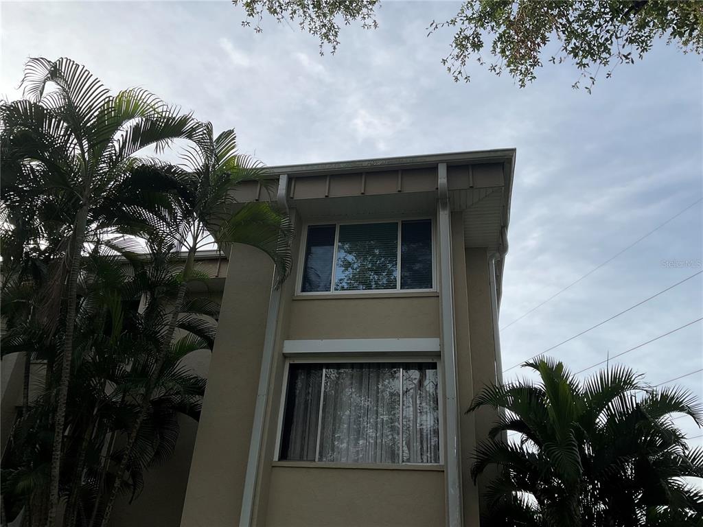 An exterior view of a two-story building with beige stucco walls and palm trees — 2244 WINKLER AVENUE UNIT 301, FORT MYERS, FL
