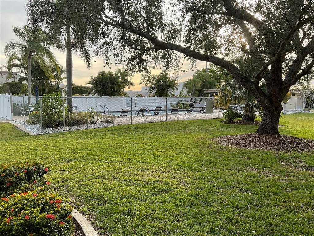 A fenced swimming pool area is surrounded by a grassy lawn and mature trees — 2244 WINKLER AVENUE UNIT 301, FORT MYERS, FL