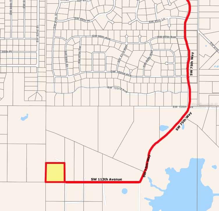 This is a map showing a highlighted property parcel and its access via local roads — TBD SW 89TH STREET, GAINESVILLE, FL