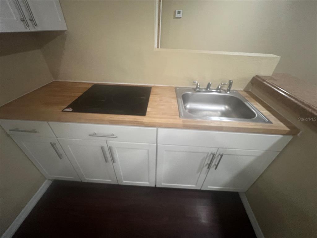 A small kitchenette features white cabinets, a wood countertop, a cooktop, and a sink — 6426 DELTA LEAH DRIVE, ORLANDO, FL