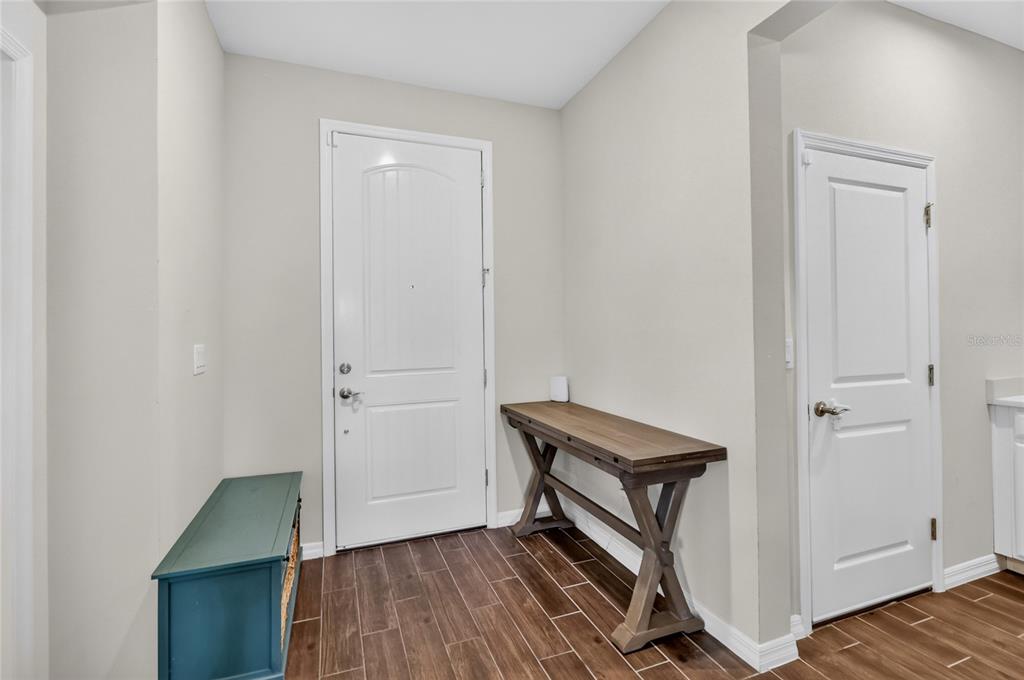 An entryway features a white front door, a wooden console table, and dark wood-look tile flooring — 13520 PALMERA VISTA DRIVE, RIVERVIEW, FL