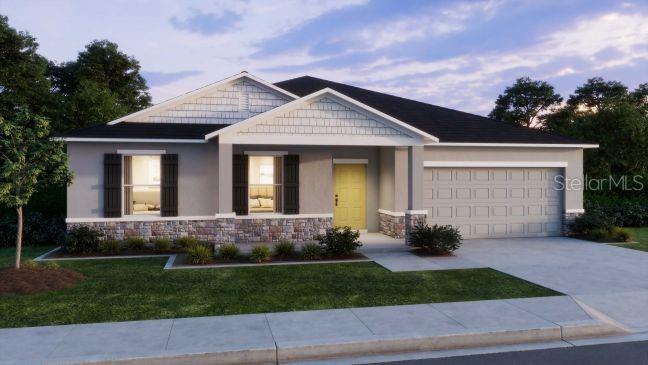 A digital rendering of a single-story suburban house with a stone facade and yellow door — 11007 BAYLOR DRIVE, SPRING HILL, FL