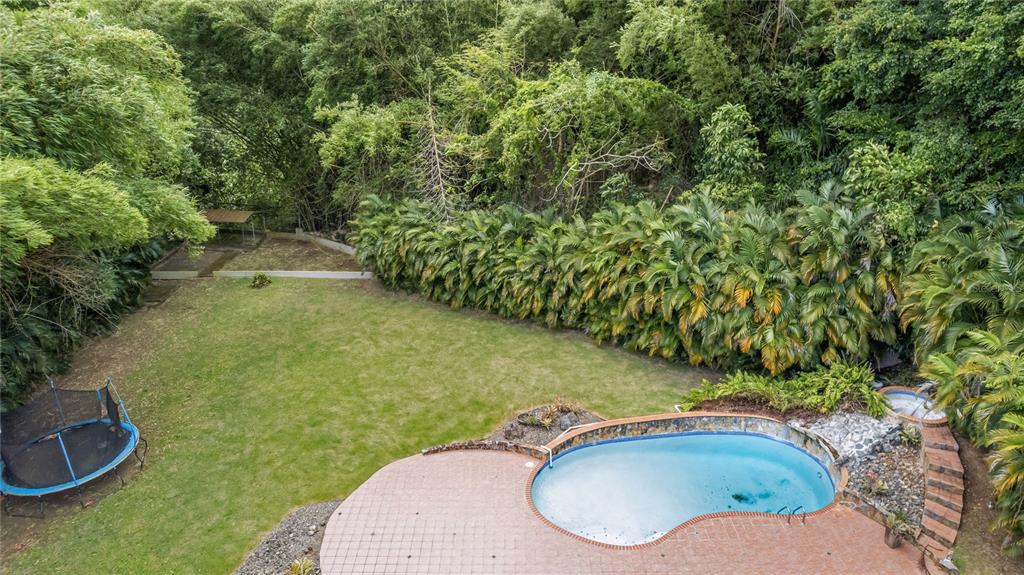 An aerial view of a backyard featuring a swimming pool, a trampoline, and lush landscaping — 2 CALLE 2 TINTILLO HILLS UNIT 606, GUAYNABO, PR