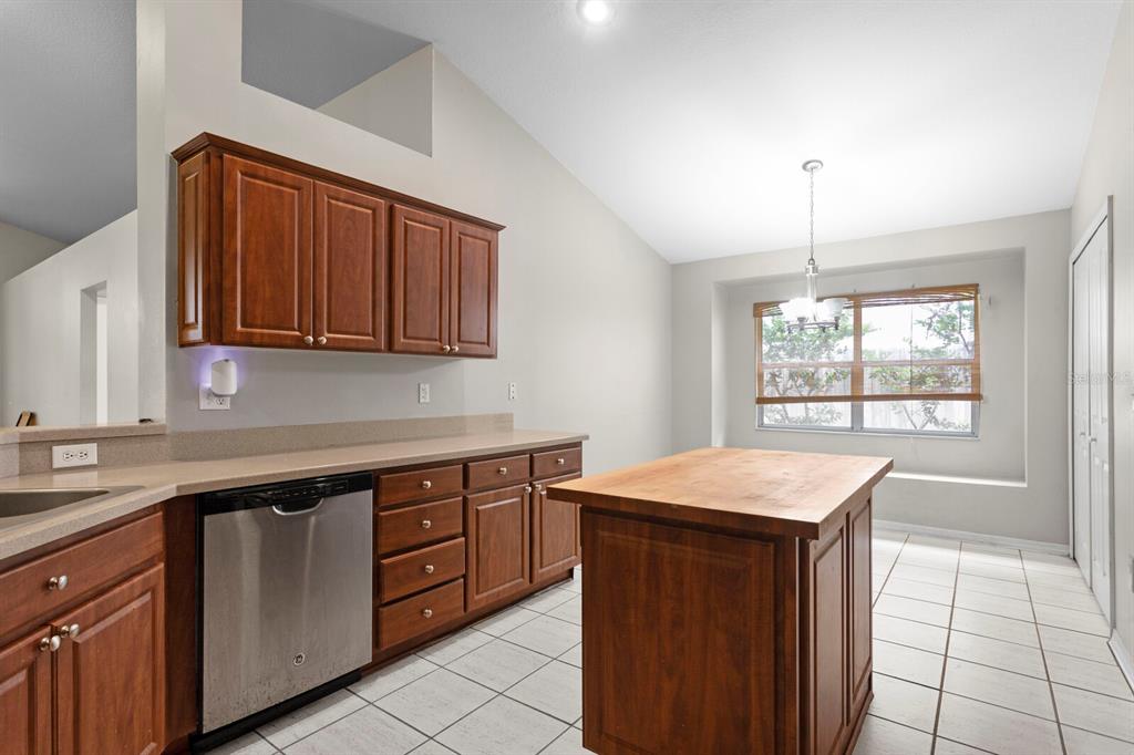 A kitchen features wood cabinets, a stainless steel dishwasher, a wooden island, and tile flooring — 10420 SPRINGROSE DRIVE, TAMPA, FL