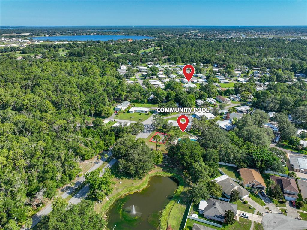 This aerial view shows a community pool, a pond with a fountain, and surrounding homes — 1925 BROOKSIDE DRIVE, MOUNT DORA, FL