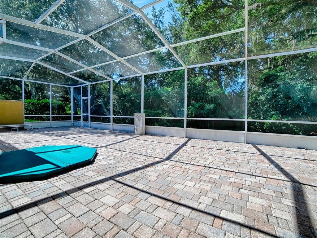 A screened-in patio features a paved floor, a hot tub cover, and a wooded view — 830 OLD OAKS LANE, LEESBURG, FL