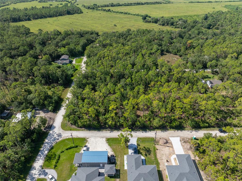 An aerial view shows a rural residential area with houses, gravel roads, and dense forest — 28093 ARGYLE DRIVE, PUNTA GORDA, FL