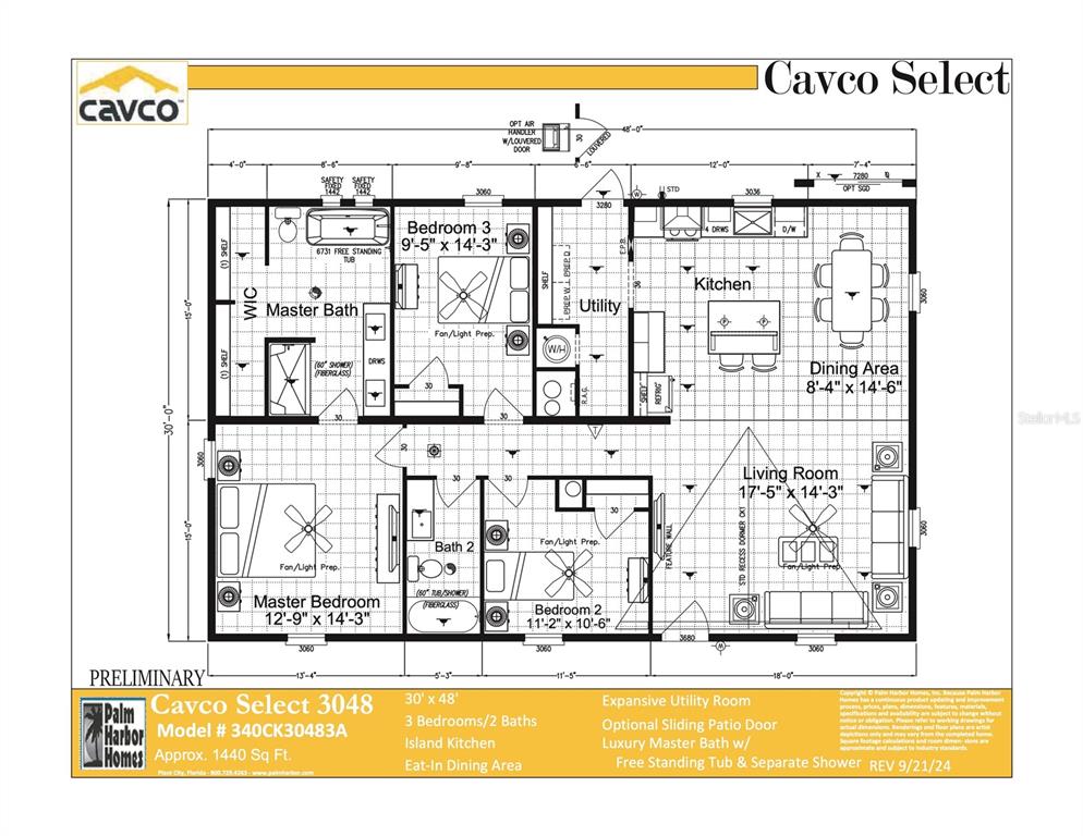This floor plan shows a three-bedroom, two-bathroom home with an island kitchen and utility room — 24116 ARMADILLO ROAD, ASTOR, FL