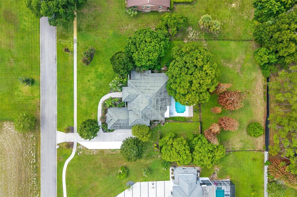 An aerial view shows a house with a green roof, a pool, and surrounding landscaping — 2540 HEMPEL COVE CT, WINDERMERE, FL