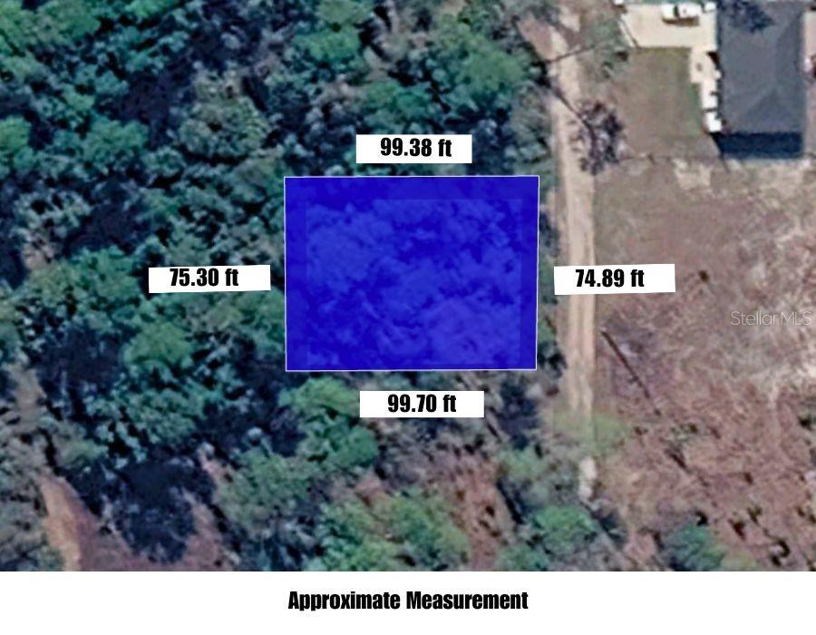 An aerial map shows a rectangular plot of land highlighted in blue with boundary measurements — CAROLINA STREET, PAISLEY, FL