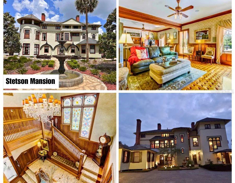 This collage shows the exterior and interior of the historic Stetson Mansion with stained glass — CAROLINA STREET, PAISLEY, FL