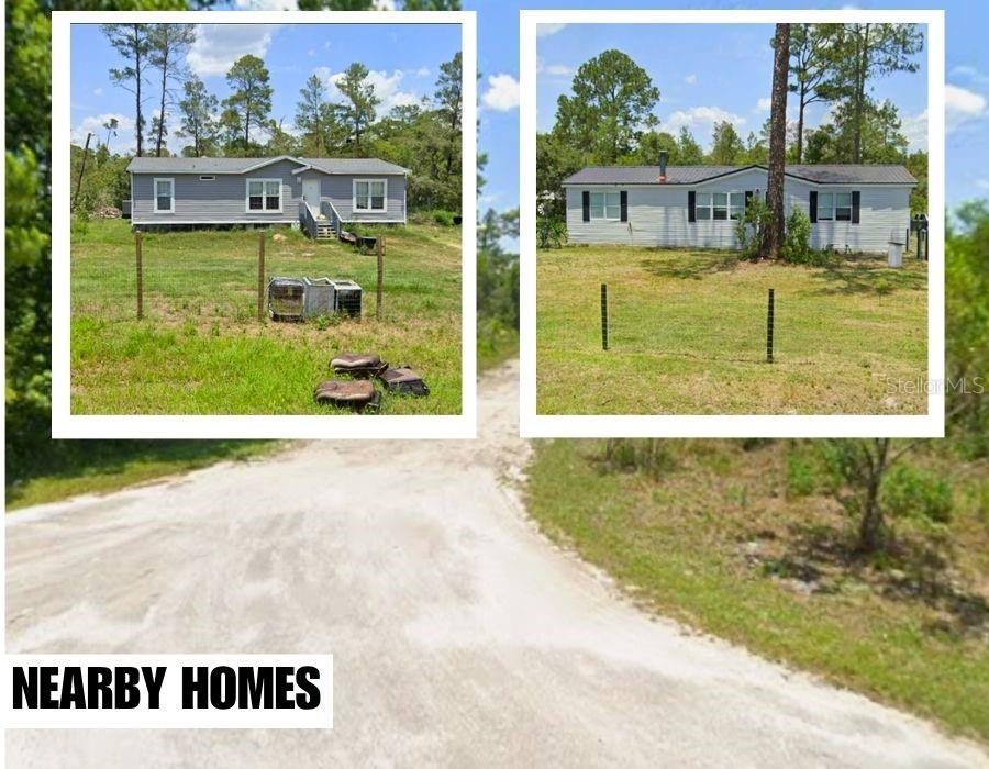 Two single-story manufactured homes sit on a grassy, fenced lot near a dirt road — CAROLINA STREET, PAISLEY, FL