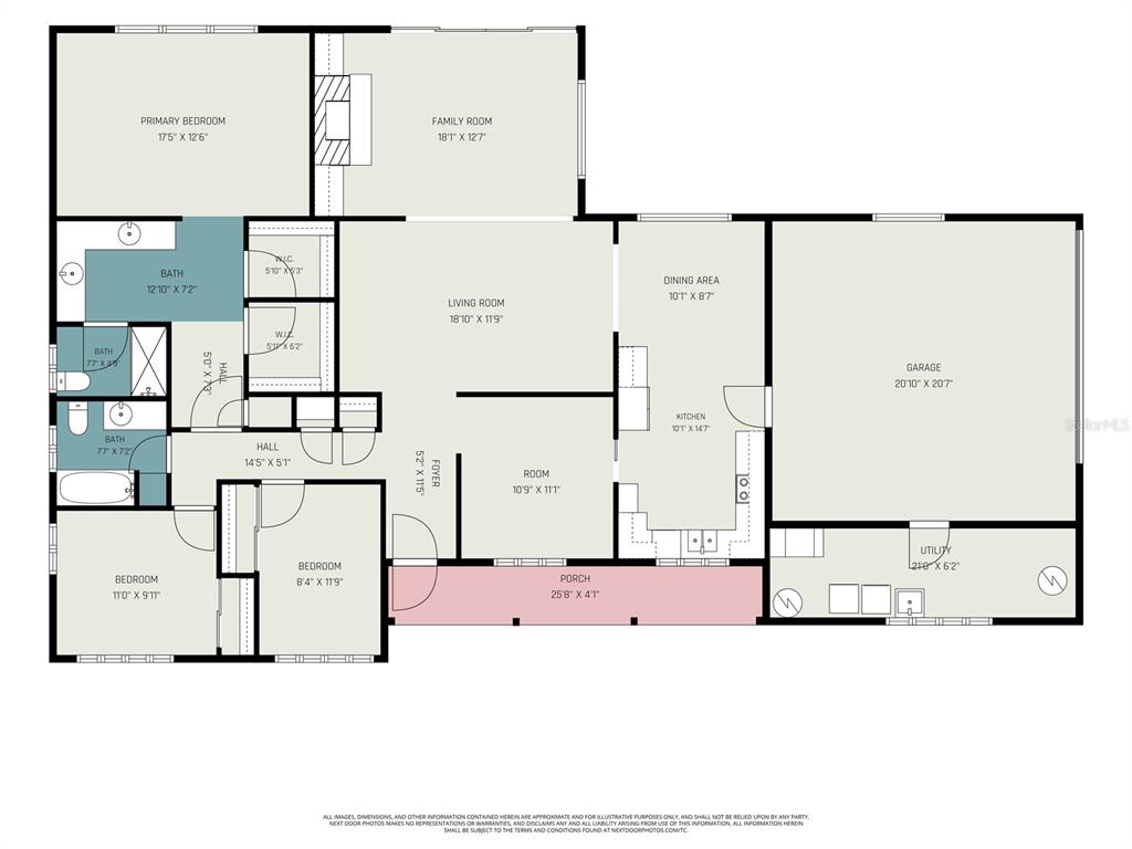 This is a floor plan of a single-story house with a garage and a front porch — 230 S CRYSTAL DRIVE, SANFORD, FL