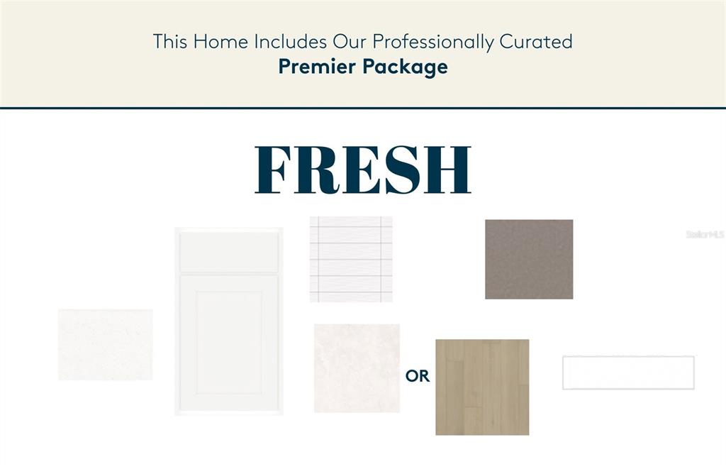 This graphic displays a design board for a home interior package featuring cabinetry and flooring — 8081 SW 45TH COURT ROAD, OCALA, FL