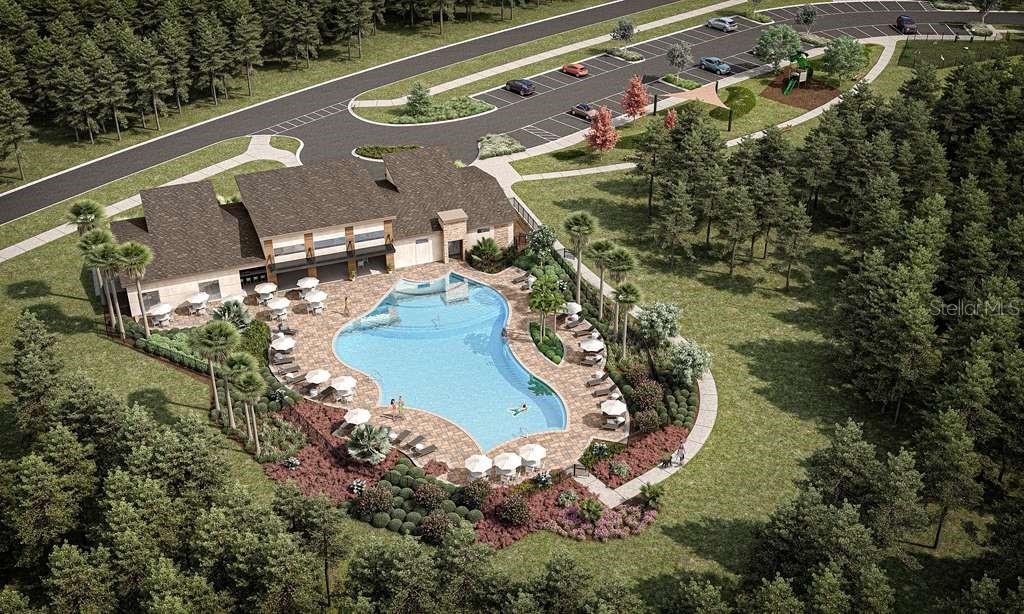 This is a rendering of a community clubhouse featuring a swimming pool and parking lot — 200 ENCLAVE AVENUE, PALM COAST, FL
